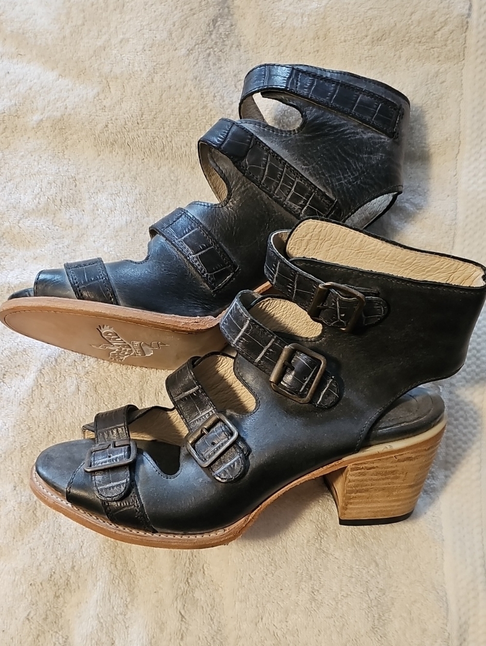 Freebird Black Buckle Leather Heeled Sandals - Women